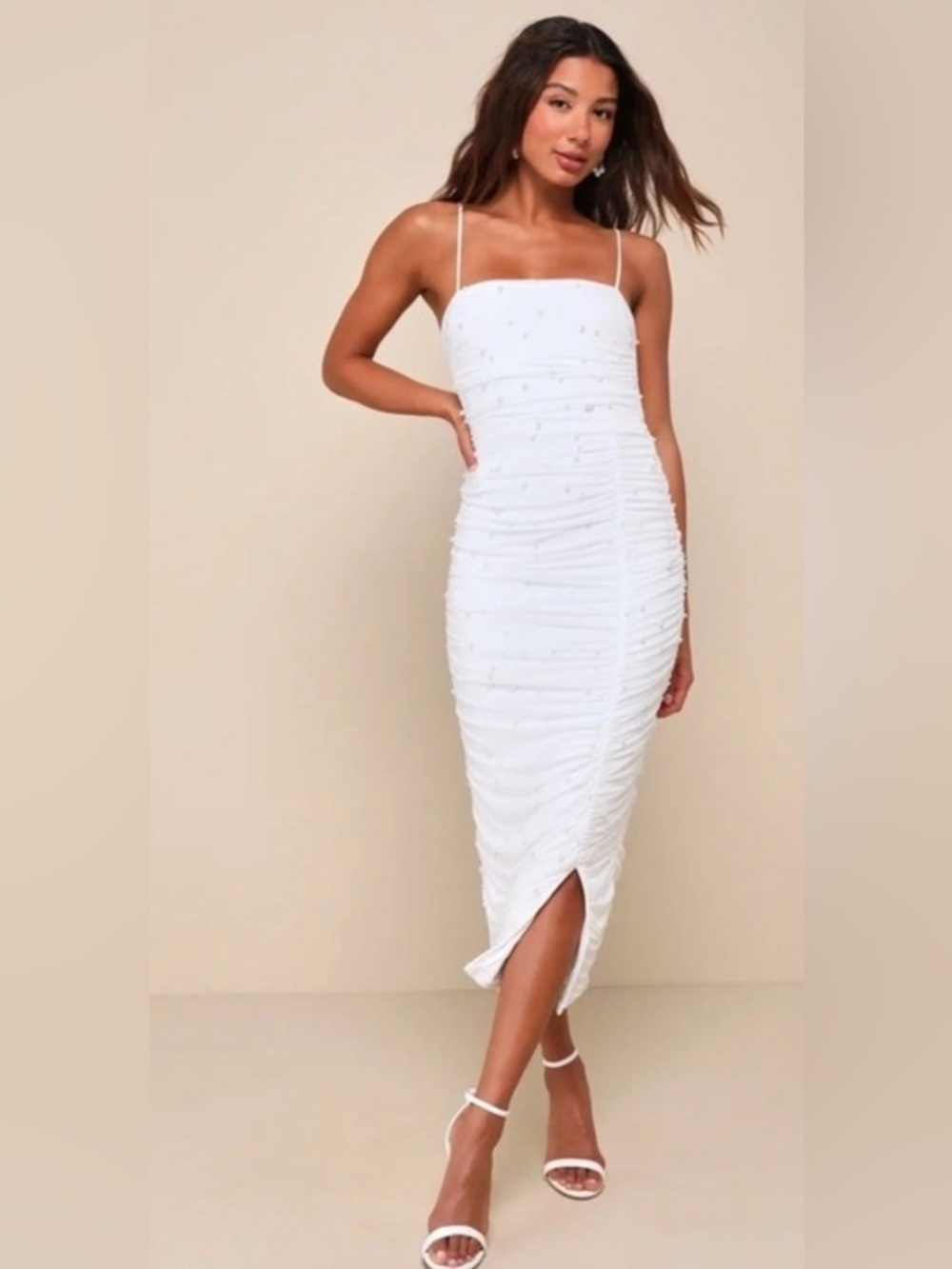Toast to Romance White
Ruched Pearl Bodycon Midi
Dress